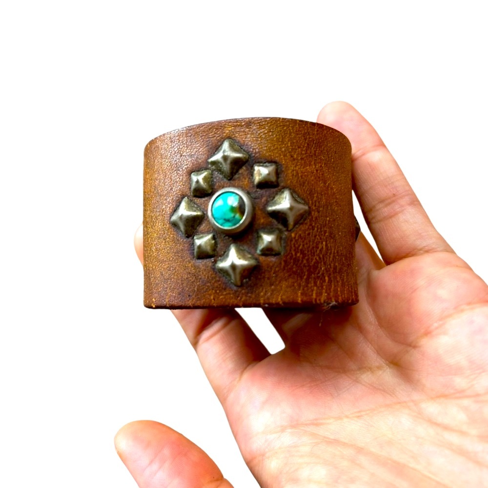 Vintage Leather Cuff with Southwestern design Turquoise and Silver Flower Design - Picture 1 of 8